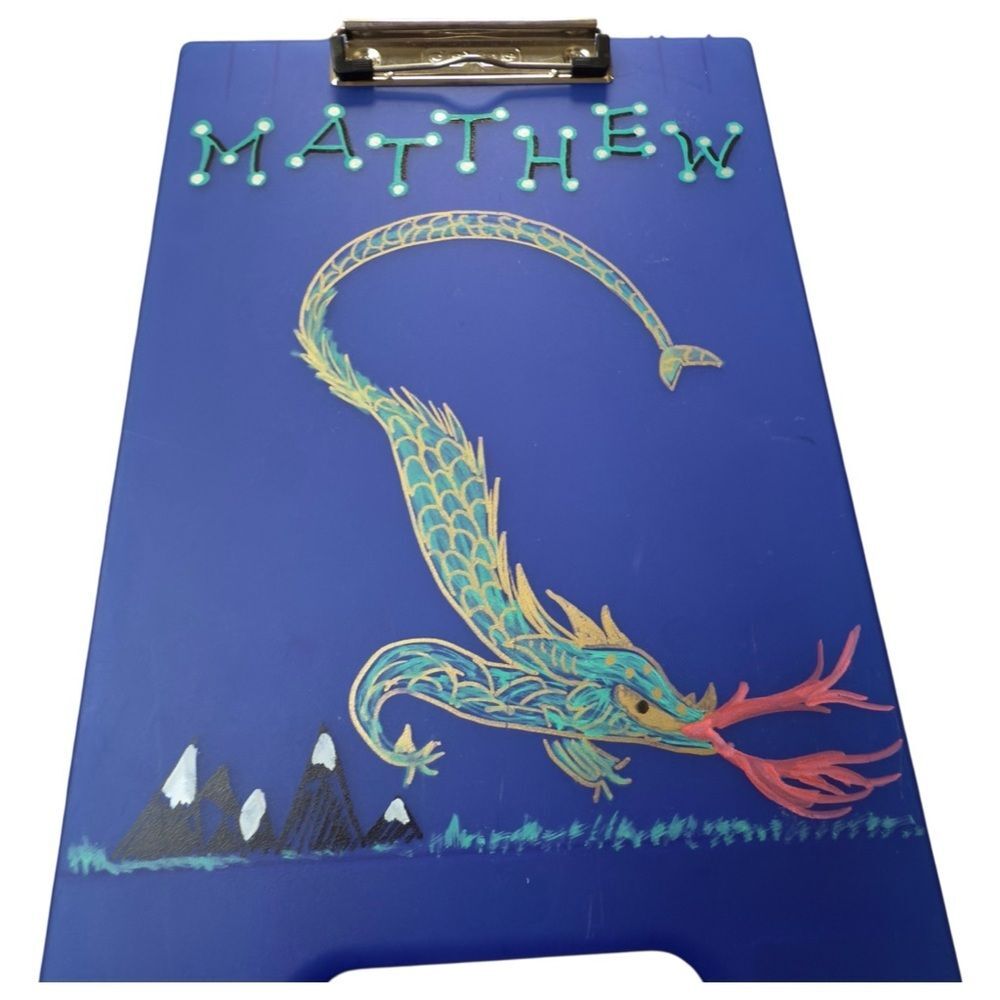 Personalized Boys Kids Dexas Fire Breathing Dragon Matthew Blue Name Clipboard. - Picture 2 of 5